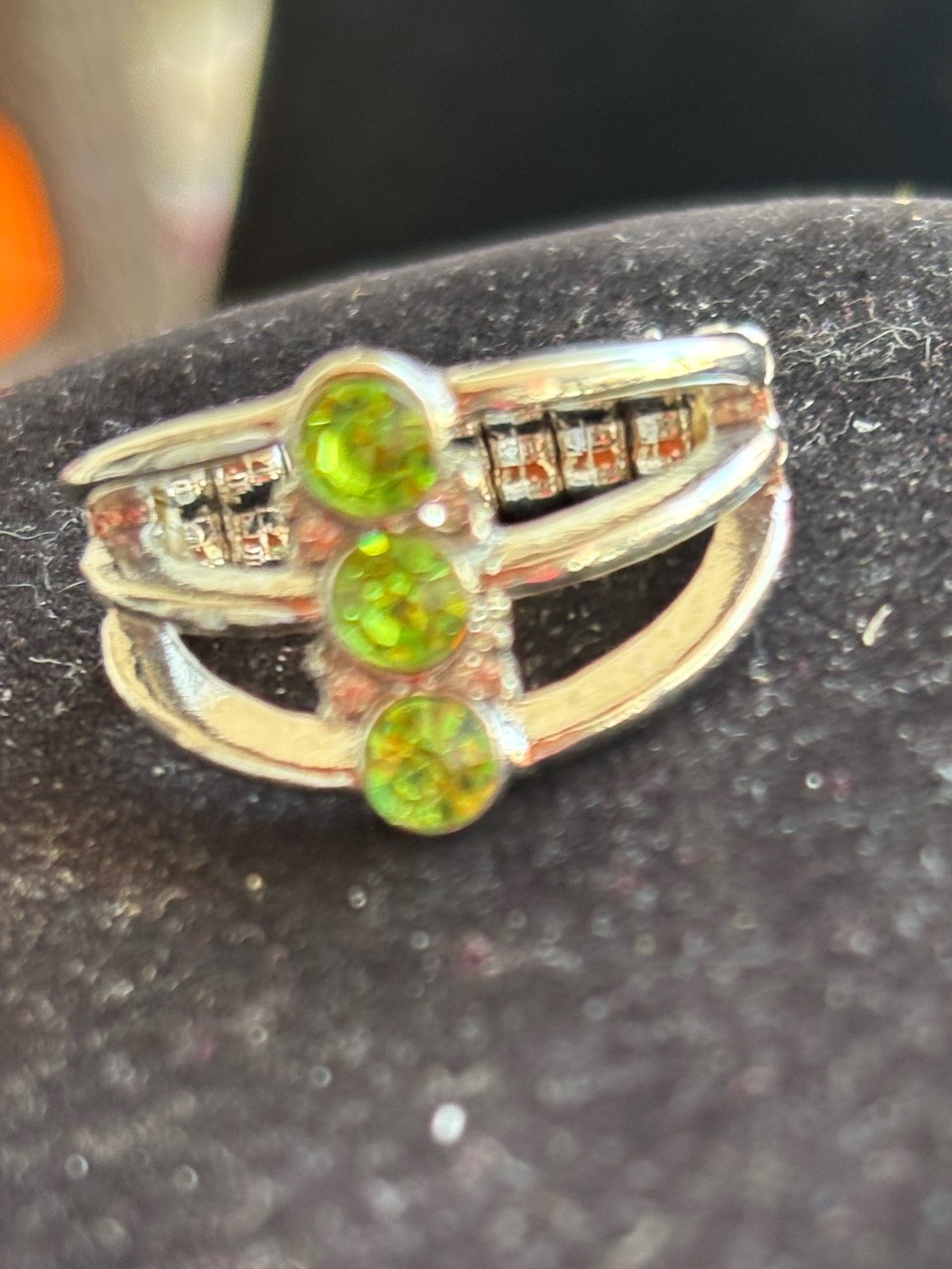 Triple Green Crystal Accent Silver Ring